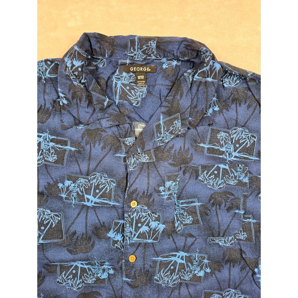 George Hawaiian Shirt Mens 2XL Blue Palm Tree Tropical Rayon Short Sleeve